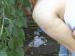 A woman takes a hard shit in an outdoor public park.